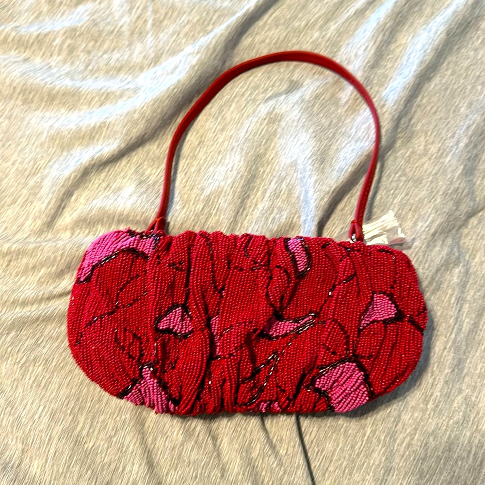 STAUD Beaded Bean Convertible Clutch (Color: Cherry Abstract)